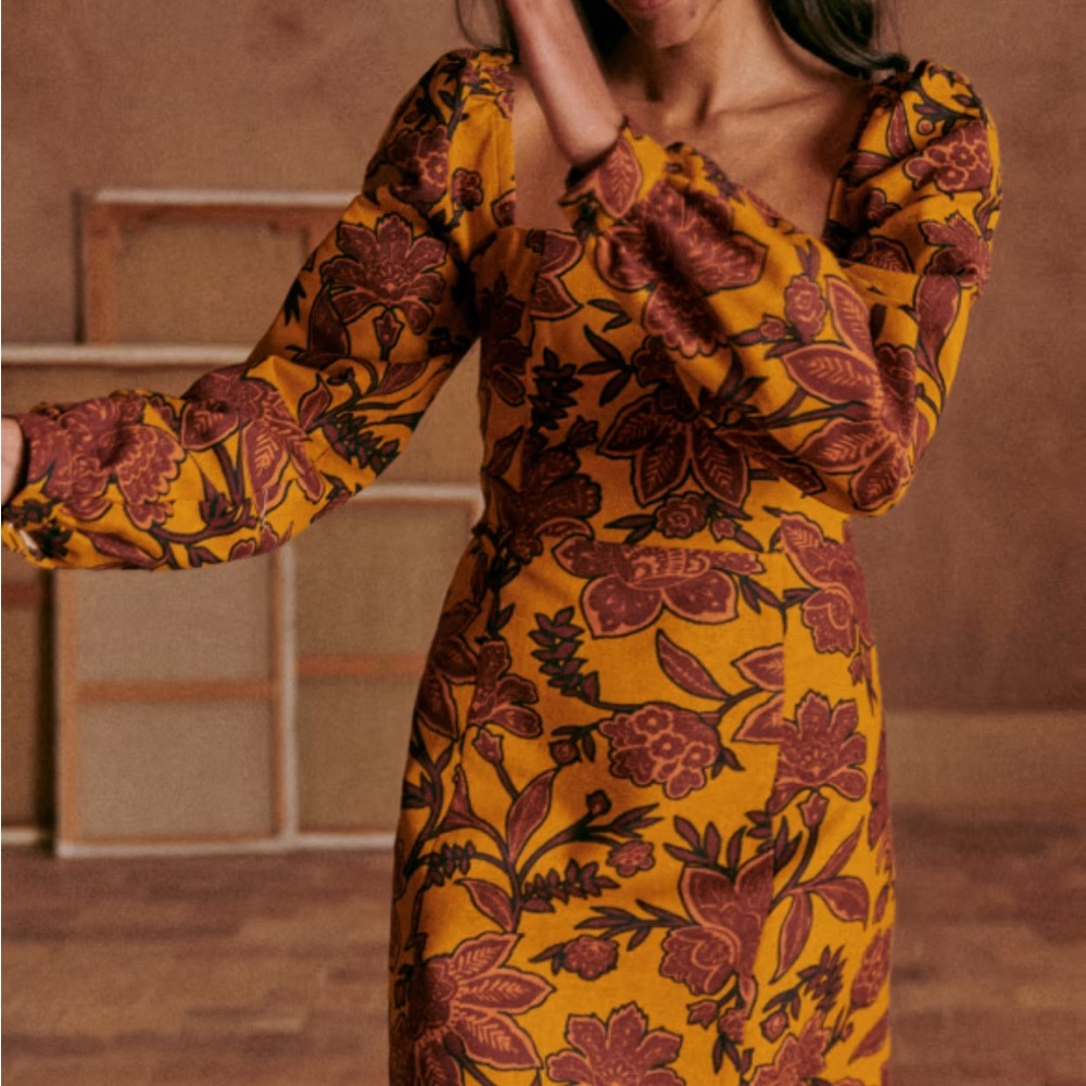 Sezane Floral Mini Dress in Mustard and Burgundy